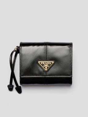 Prada Black Leather Tri-Fold Wallet with Gold Logo